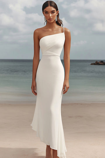 One Shoulder White Asymmetrical Engagement Dress